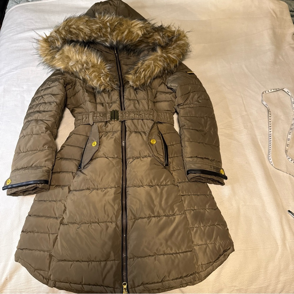 Rocawear Classic Olive Green Puffer Coat Faux Fur Hood Belted Small